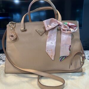 Prada Beige Saffiano Galleria Leather Satchel EUC w/ Pink Scarf and charm